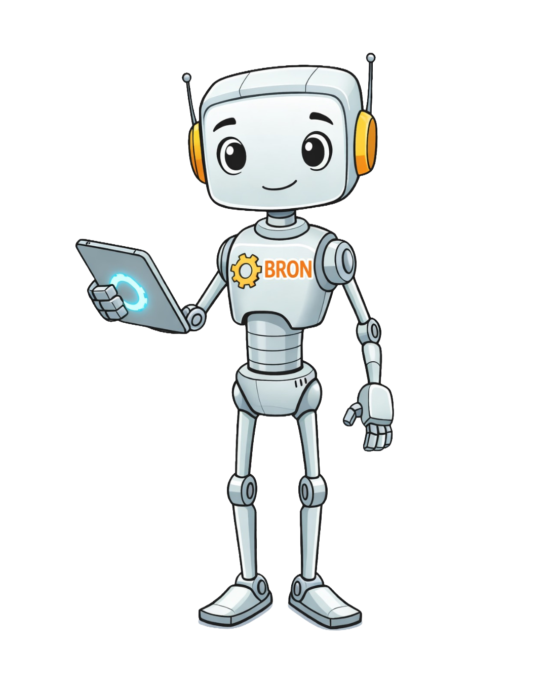 BRON mascot — a friendly robot holding a tablet