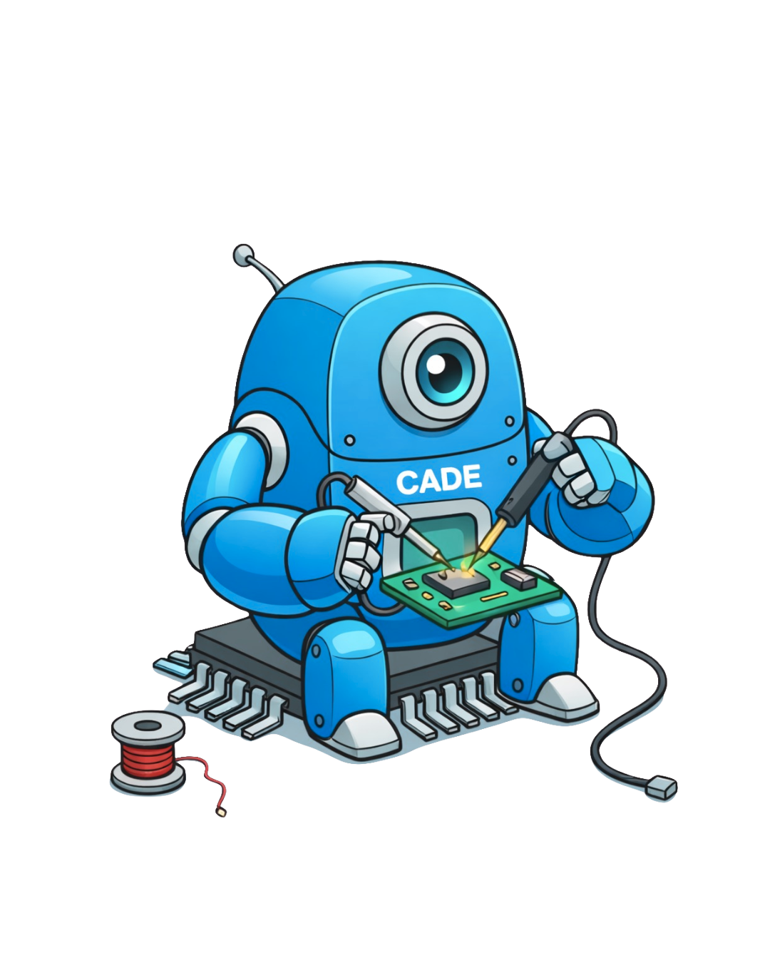 CADE mascot — a blue robot soldering a circuit board